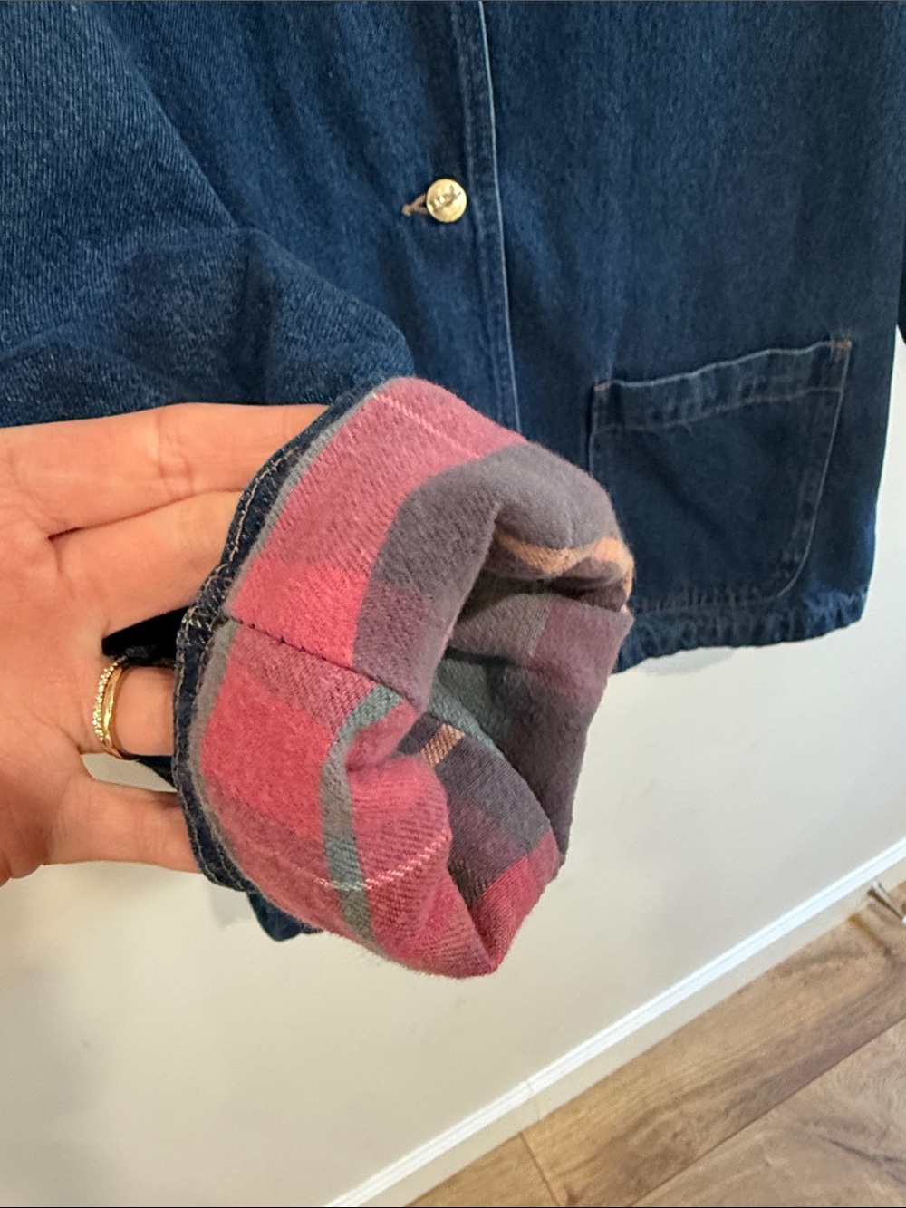 L.L. Bean Blue Denim Jacket with Tan Corduroy Collar and Pink Plaid Lining - Picture 6 of 10